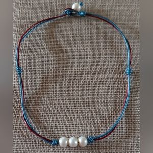 New Handmade White 3 Pearl & Red & Blue 2-Strand Leather Necklace